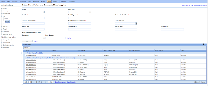Internal fuel system and commercial card mapping page